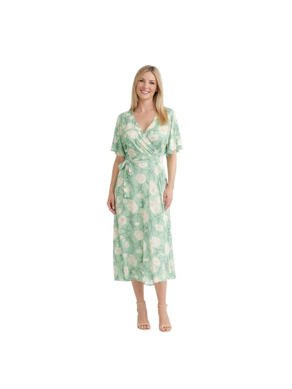 Modcloth X Collectif Size 10 Sage Green Floral Wrap Wide Leg Jumpsuit With Belt